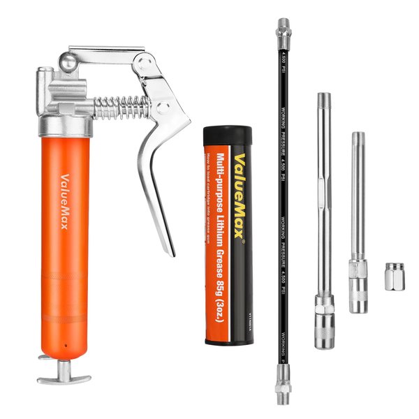 ValueMax Mini Grease Gun Kit (3500 PSI) with 3 OZ Grease, 12'' Flexible Hose, 5'' & 3” Extension Tubes, Pistol Grip, Reinforced Construction, Fit for Automotive, Marine, Industrial