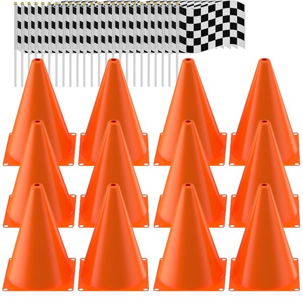 Traffic Cones with Racing Checkered Flags-8 Traffic Cones With Hole on Top, 16 Checkered Flags, Race Car Birthday Party Supplies, Table Centerpiece Decorations, Kids Gift (36PCS)