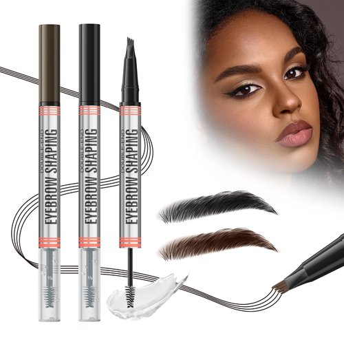2Pcs Microblading Eyebrow Pencil, 2-in-1 Waterproof Eyebrow Pen Eyebrow Gel for Women | Features 4-Fork-Tip, Eyebrow Spoolie and Brow Gel for Natural, Last All-Day Brows (Dark Brown+Black)