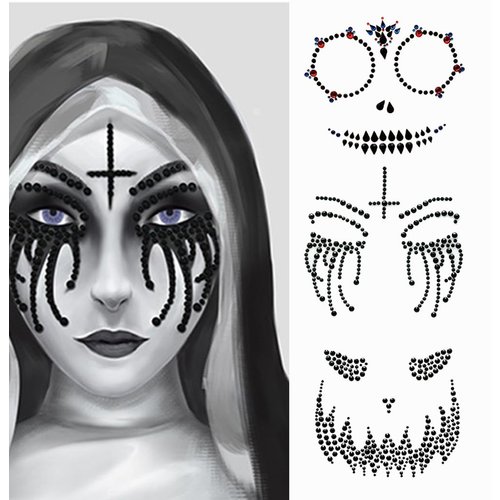 Halloween Face Gems Jewels Tattoos Day of the Dead Black Tear Face Temporary Skull Tattoo Stickers Rhinestone for Men Women Kids Halloween Festival Rave Party Face Makeup 3-Pack