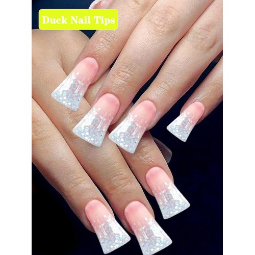 500PCS Duck Nail Tips for Acrylic Nails, Clear Nail Tips Duck Feet Fan Flare Tips, Half Cover False Nails Short Duck Tip Nails 10 Sizes Curved French Fake Nail Extension Tips with Box