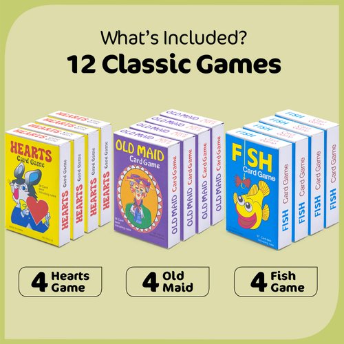 Srenta Kids Card Games Bulk – 12 Pack Classic Card Games for Kids Ages 4-9, Multi Pack Set Includes: Hearts, Go Fish, & Old Maid Playing Cards for Family Game Night, Party Favors & Classroom Prizes