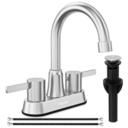 Bathroom Faucets, Bathroom Faucet 3 Hole, Bathroom Sink Faucet, Faucet for Bathroom Sink 4 Inch 2 Handle Centerset, Lead-Free, with Copper Pop Up Drain (Brushed Nickel)