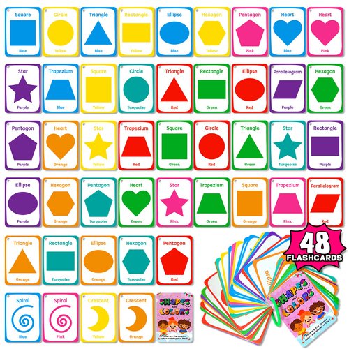 48PCS Shapes and Colors Cognition Flash Cards for Kids,Reusable Learning Flashcards for Toddlers,Portable Double-Sided Educational Preschool Shapes Colors Flash Card