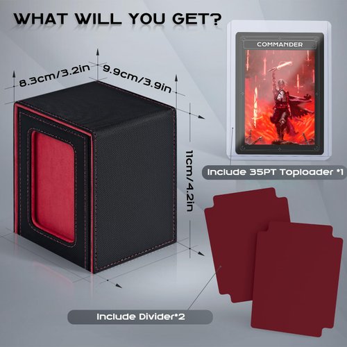 ZLCA MTG Deck Box with Commander Window Display, Trading Card Storage Box Holds 100 Double-Sleeved Cards Suitable for TCG/CCG/PTCG/EDH/Magic/Sport Cards (Black&Red)