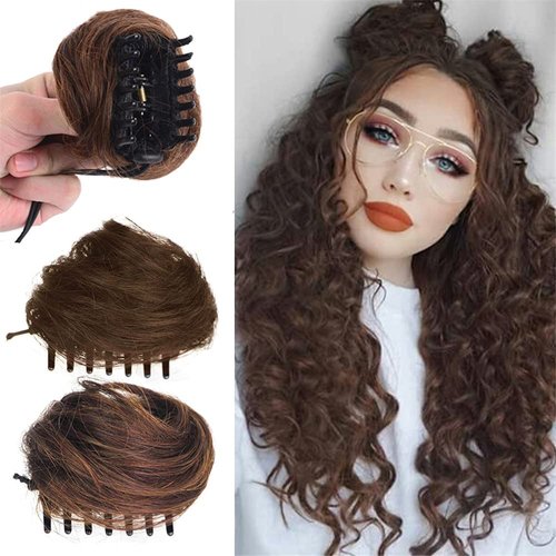 olacare 2PC Mini Claw Clip in Hair Bun Messy Cat Ears Hair Bun Extensions Wig in Hairpieces Accessory Updo Hairpieces for Women Girls-Light Brown