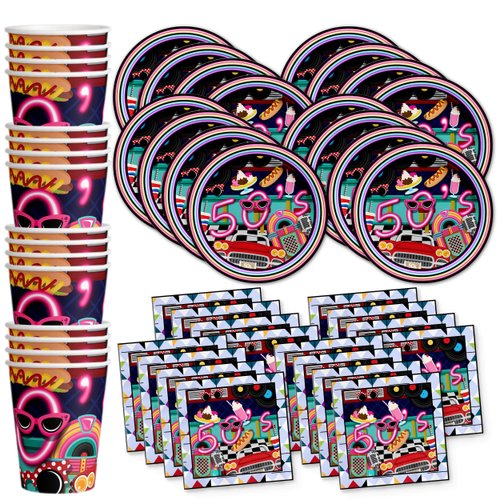 50's Diner Birthday Party Supplies Set Plates Napkins Cups Tableware Kit for 16