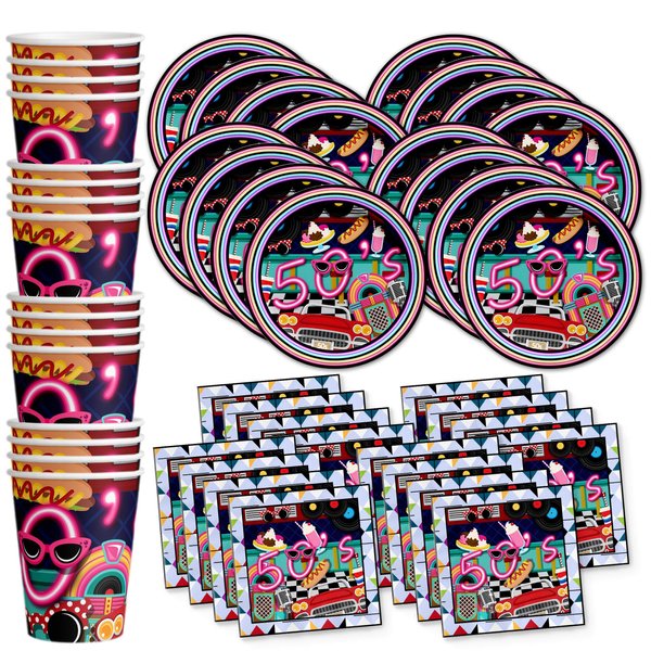50's Diner Birthday Party Supplies Set Plates Napkins Cups Tableware Kit for 16