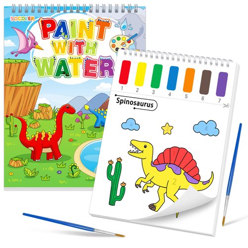 SOCOLER Paint with Water Coloring Books for Toddlers, Mess Free Watercolor Painting Papers for Kids Water Color Paint Kit Art Craft Gift for Ages 1-3, 4-8 (Dinosaurs)