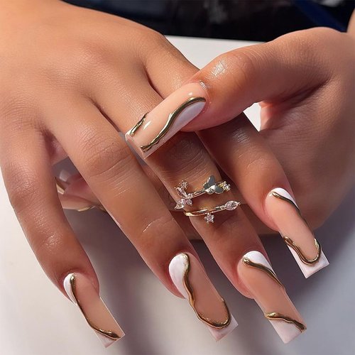 IMRAIN Press on Nails Long Square Fake Nails 3D Golden French Tips False Nails Glossy Glue on Nails White Nude Artificial Acrylic Nails Full Cover Reusable Stick on Nails for Women 24Pcs