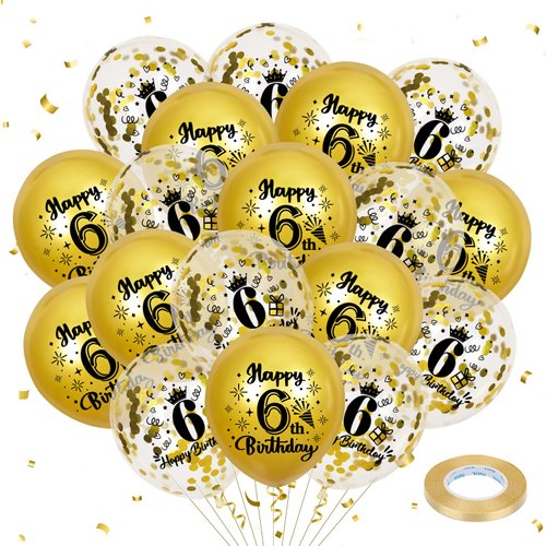 18Pcs Gold 6th Birthday Decorations Happy 6th Birthday Balloons 6th Birthday Latex Balloons Confetti Balloons for Boys Girls 6 Years Old Birthday Anniversary Party Decor Supplies 12 inch