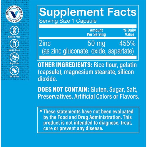 Zinc 50mg Supports Healthy Immune Function Eye Health, Highly Absorbable, Antioxidant Supplement Daily Serving, Gluten Dairy Free (100 Capsules) by The Vitamin Shoppe