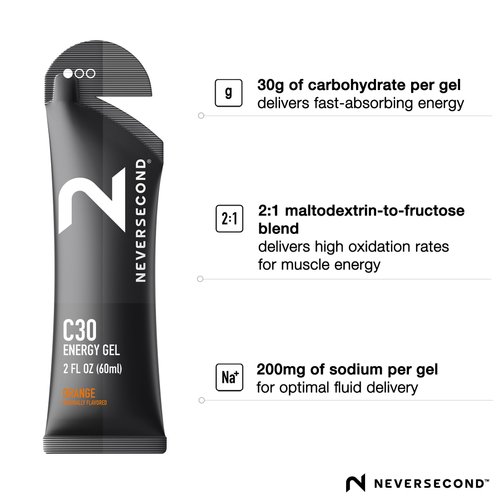Neversecond C30 Energy Gel, Performance Nutrition & Hydration, Never2 Energy Gel for Triathlons, Ironman, Cycling & Marathons (Orange Flavor, 12-Count Pack)