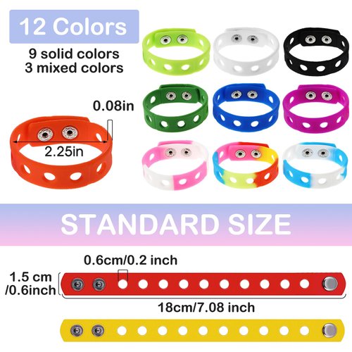 MTLEE 12 Pieces Silicone Wristbands Adjustable Rubber Bracelets Colorful Cute Charm Bracelets with Holes for Shoe Charm Boys Girls Birthday Party Award (Chic Colors,7 Inch)