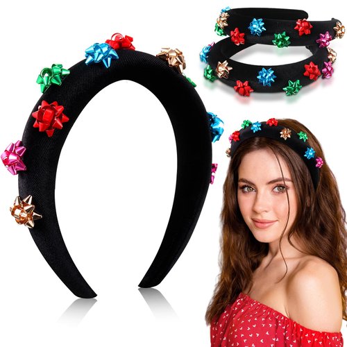 Yilloog 2 Pcs Christmas Headband Bow Velvet Padded Headband Xmas Holiday Party Gift for Women Acc...