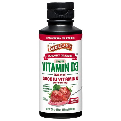 Barlean&#39;s Liquid Vitamin D, 5000 IU D3, Strawberry Milkshake Flavored for Kids and Adults, Maximu...