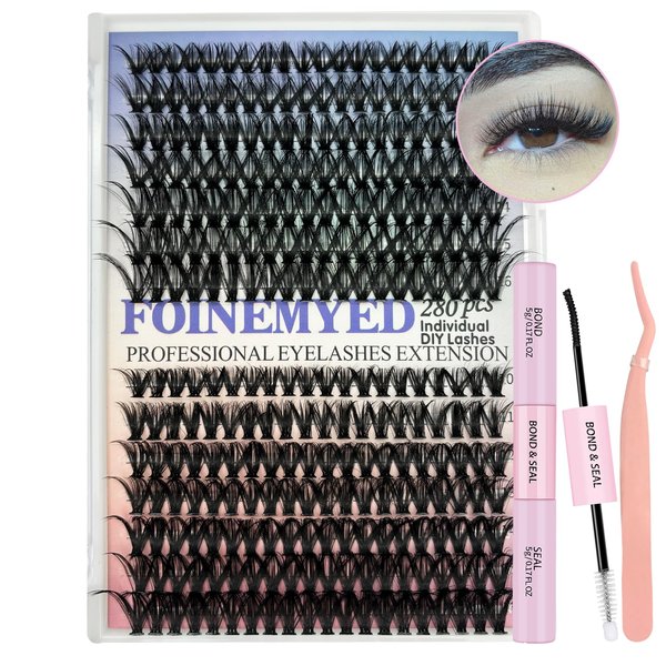 Individual Lashes Kit 280Pcs Fluffy Lash Clusters 60D D Curl DIY Lash Extension Kit with Lash Bond and Seal and Lash Applicator 10-16mm Eyelash Extension Kit DIY at Home, by FOINEMYED