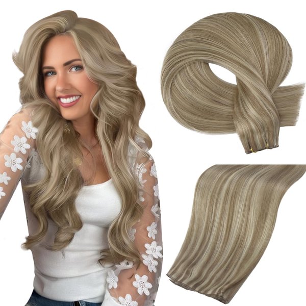 Full Shine 22 Inch Hair Weft Extensions Remy Hair Genius Weft Hair Extensions Human Hair Hand Tied Hair Extensions Real Human Hair Color Light Brown Highlight Platinum Blonde Human Hair Bundles 60G