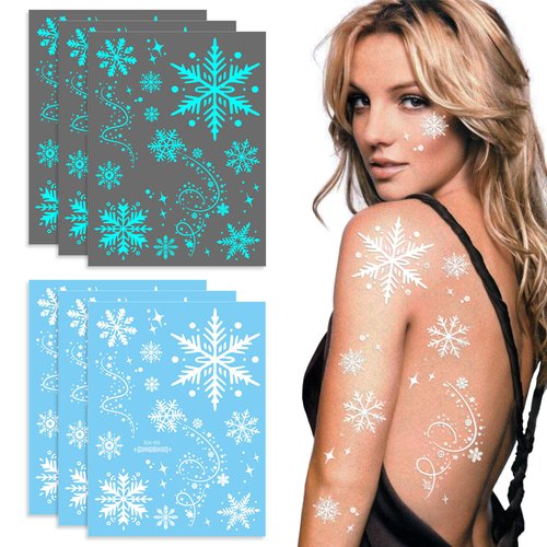 Snowflake Temporary Tattoos Sticker White Glitter Blue Dark Luminous Women Christmas Winter Party Body Face Decorations Supplies 6 Sheets