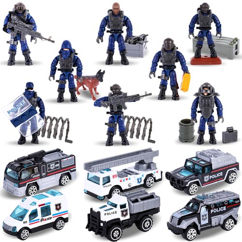 AMOR PRESENT 14PCS SWAT Action Figure Set, Armed Police with Movable Joints 1:36 Scale Army Men Building Blocks with Weapons Army Dogs and 6 Vehicles for Kids Boys Girls Birthday Gift