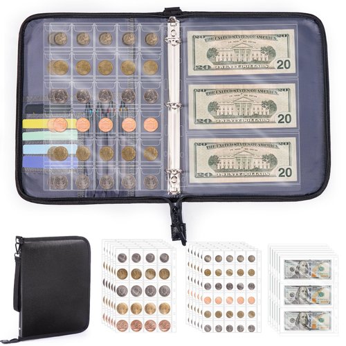 FRECOLSH Coin Collection Book Coin Holder, 300 Pockets Fireproof Coin Collection Book & 36 Paper Money Organizer Binder for Coin Collection Supplies,Coin Collector Gifts