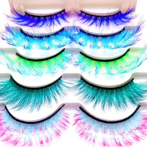Sunniess Ombre Colored Lashes Silk Protein Fluffy Wispy Volume Fake Lashes for Halloweens Cosplay Party Stage Russian D Curl Lashes with Color Make up Faux Mink False Eyelashes 5 Pairs (AG00)