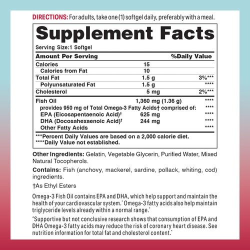 Vitamin World Triple Strength Omega-3 Fish Oil 1360 mg 60 softgels, 950 Active Omega-3, Heart Health, Cardio Support, Rapid-Release, Gluten Free