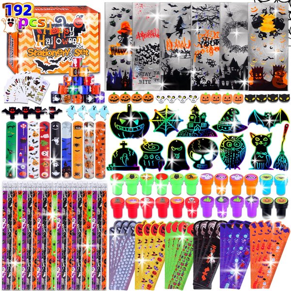 192 Pcs 24 Pack Assorted Halloween Stationery, Halloween Party Favors for Kids, Goodie Bags Stuffers Set Including Halloween Pencils, Rulers, Stamps and Erasers in Trick or Treat Bags