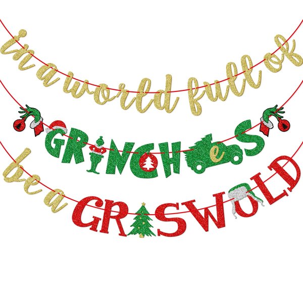 FOZEE Christmas Banner, Christmas Vacation Banner, Pre-strung Christmas Party Decorations, Gold, Red and Green Glitter