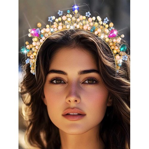 Bessney Crystal Bridal Headband Gold Pearl Hair Band Beaded Hair Hoop Headpiece Birthday Wedding Hair Accessories for Women and Girls