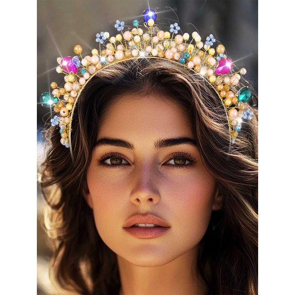 Bessney Crystal Bridal Headband Gold Pearl Hair Band Beaded Hair Hoop Headpiece Birthday Wedding Hair Accessories for Women and Girls