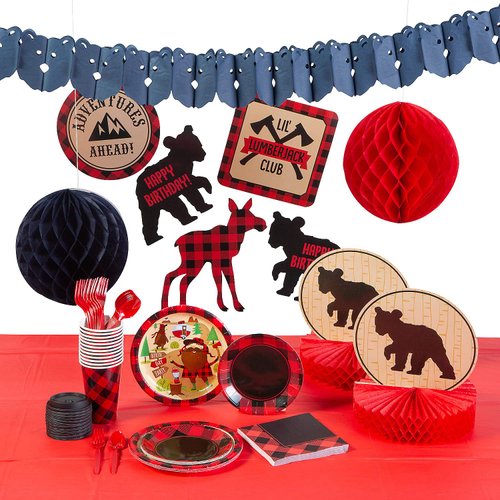 Fun Express Buffalo Plaid/Lumberjack Birthday for 8 - Party Supplies - 71 Pieces