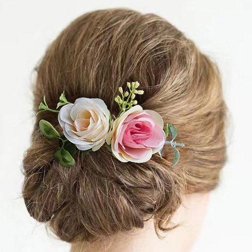 Fangsen Wedding Boho Blue Pink Orange Yellow Rose Flower with Grass Leaves Hair Comb Bridal Headpiece Floral Hair Accessories for Brides and Bridesmaids Silver (Ivory+Pink)