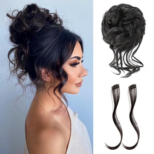 VANANGA Messy Hair Bun with Bang Set, Natural Black Synthetic Hair Claw Clip Hair Bun and Long Side Curly Air Bangs Clip in Ponytail Hair Piece Hair Bun & Bangs for Women(#2)