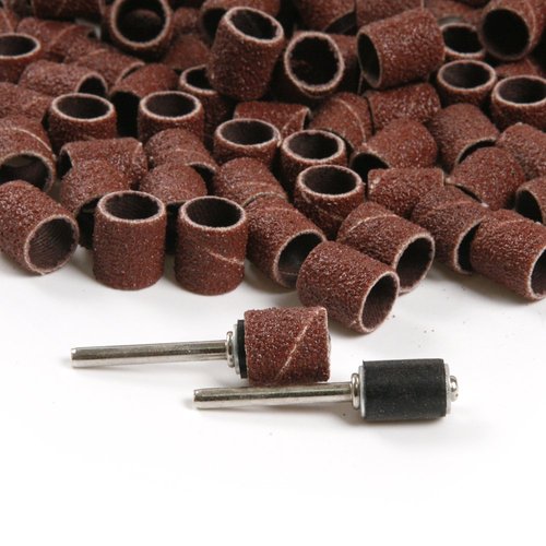 100 Pics Dia 1/2" Sanding Drum Sleeves Set Sand Bands with 2 Mandrel for Pet Dog Nail Grinder Heads Rotary Tool Bits Jewelry Light Polishing Abrasive Tools, Grit 80