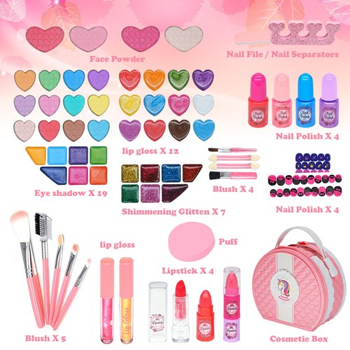 Kids Makeup Kit for Girl - 66 Pcs Washable Makeup Set for Little Girls, Real Cosmetic Set Pretend Play Makeup Toy Beauty Set, Kids Toddler Toys Christmas & Birthday Gift Age 3 4 5 6 7 8 9+ Year Old