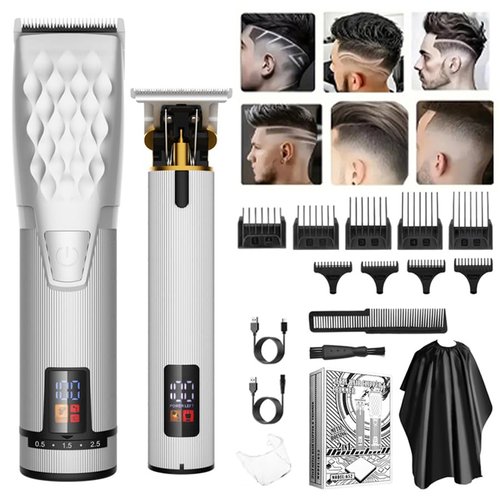Professional Hair Clippers for Men, Adjustable Beard Trimmer, Cordless Head Shaver, Wireless Hair Cutting Kit, Self Beard Care Set, Silver Barber Accessories