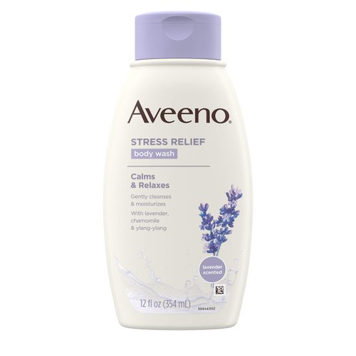 Aveeno Stress Relief Body Wash with Soothing Oat, Lavender, Chamomile & Ylang-Ylang Essential Oils, Dye- & Soap-Free Calming Body Wash for Shower Gentle on Sensitive Skin, 12 fl. oz