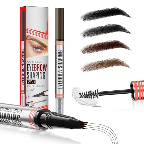 Microblading Eyebrow Pencil and Sealing Eyebrow Gel, 2-in-1 Dual-ended Eyebrow Pen 4-Prong Micro-Fork Tip Applicator Brow Pencil Waterproof Stay on All-day Makeup for Natural Eyebrow, Dark Brown