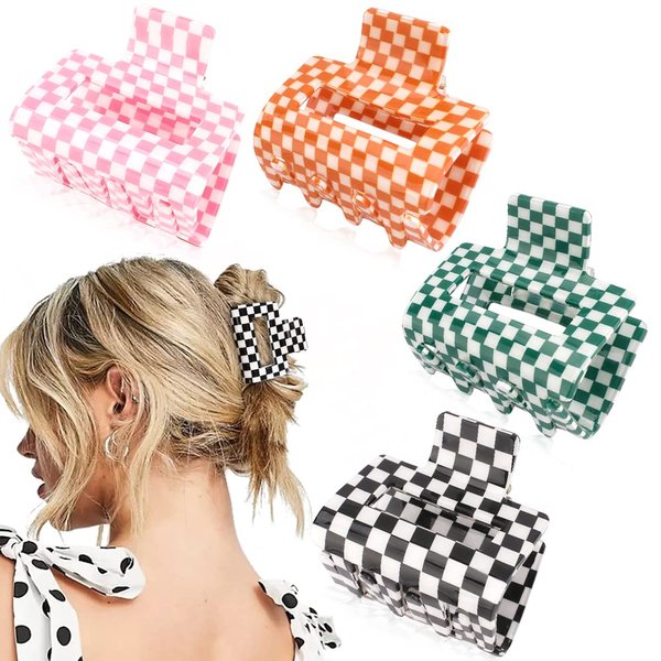 Ahoney 4 Pack Checkered Hair Claw Clips for Thin Hair 2" Y2k Accessories Cute Small Hair Clips for Thick Hair for Women Girls