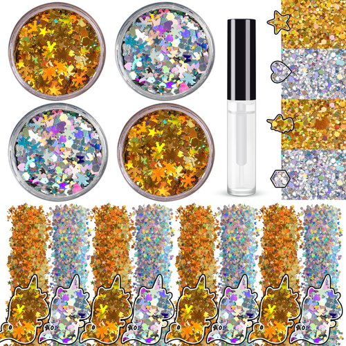 Silver and Gold Holographic Chunky Glitter Cosmetic Body Hair Face Eye Nail for Festival Carnival Concert Party Beauty Rave Accessories Different Shapes 4 Pots 32g/1.12oz+ Quick Dry Primer Glue Gel