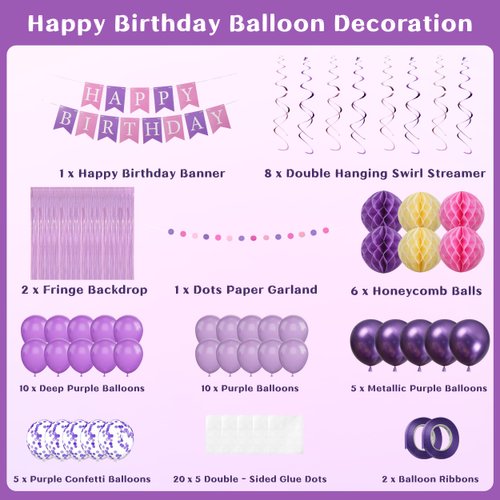 Purple Happy Birthday Party Decorations for Women Girls, Pre-Strung Happy Birthday Banner, Purple Balloons, Fringe Curtain, Tissue Paper Pom Poms, Circle Dot Garland, Hanging Swirls for Birthday Party