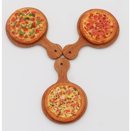Mixed 3 Assorted Pizza Dollhouse Miniature on Wooden Tray, Dollhouse Food Dollhouse Kitchen Miniature