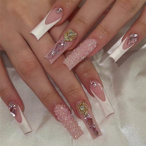 ROFIBUT French Tip Press on Nails Long Square Fake Nails with 3D Rhinestone Designs Bling Broken Diamond Full Cover Glue on Nails Glossy Nude Pink Heart Charms Acrylic Nails for Women Girls 24Pcs