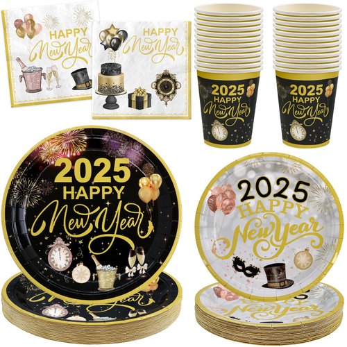 Happy New Year Eve Party Supplies 2025 Disposable Paper Plates and Napkins Cups Black Gold Dinnerware Decorations Serve 24 Guests