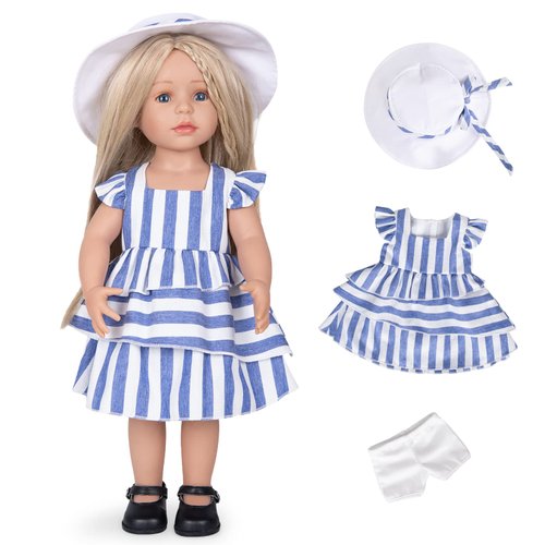 Rakki Dolli Doll Clothes and Accessories 3 Pc. Set includes 1PC Blue and White Stripes Skirt, 1PC Hat, 1PC White Underwear, Fashionable Skirt Dress Set for Baby Dolls (without Doll & Shoes) 020