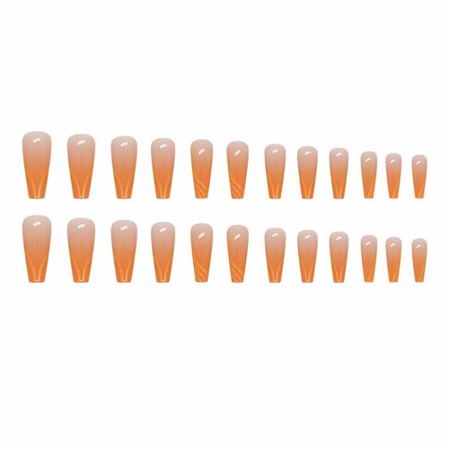 MISUD Coffin Press on Nails Long Fake Nails Glossy Glue on Nails Orange Ombre Acrylic Nails Ballerina Gradient Artificial Nails Bling Glitter Line Stick on False Nails with Design 24 pcs