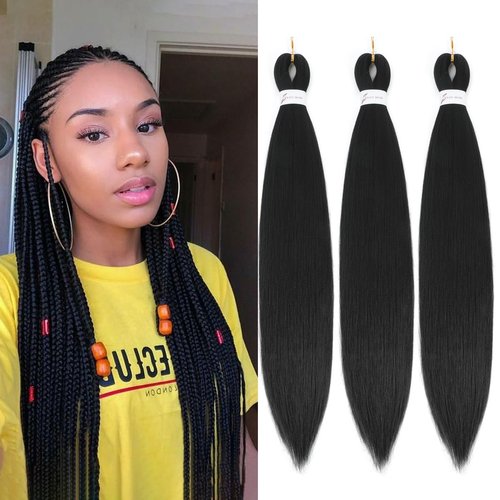 Black Braiding Hair Pre Stretched Easy Braiding Hair Yaki Texture Professional Synthetic Braiding Hair 26 Inches Braids Hot Water Setting for Box Crochet Hair Extensions (3pcs,Black)
