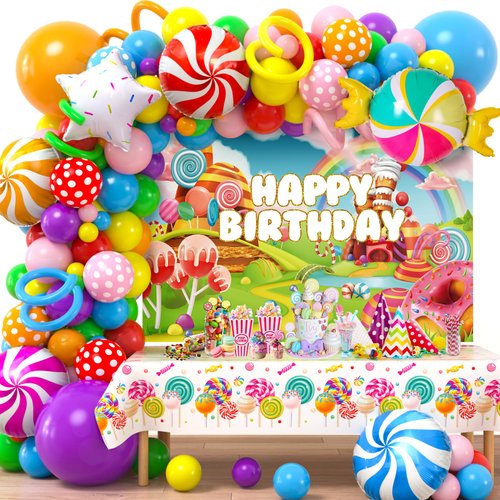 Winrayk 134Pcs Candyland Party Decorations Birthday Supplies Candy Land Balloon Arch Backdrop Tablecloth Star Lollipop Foil Balloons Girl Boy Kids Christmas Sweet Candy Land Birthday Party Decorations