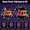 Kepeel 96 Pcs Neon Party Plates, Glow Birthday Party Supplies Disposable Paper Plates Dessert Napkins Glow in the Dark Favors Decorations Graffiti Tableware For Kids, Serves 24